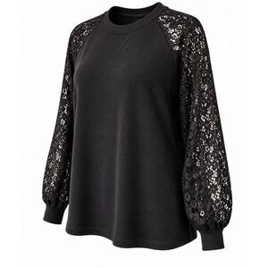 MIHOLL Lace Sleeve Top Women 2X Black Waffle Knit Raglan Blouse Coquette Grunge